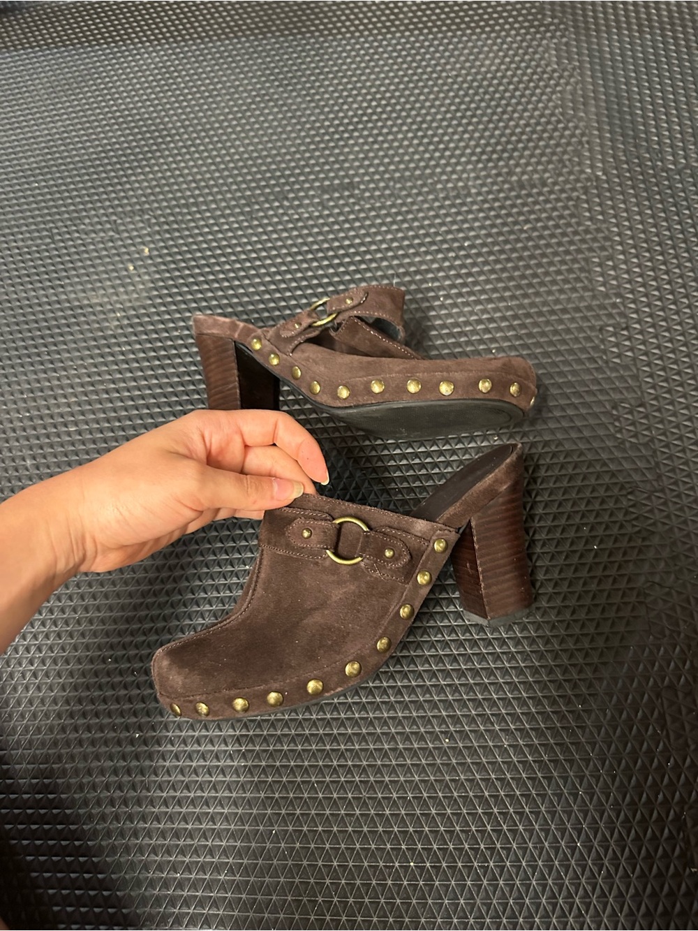 Brown Suede Studded High-Heel Clog